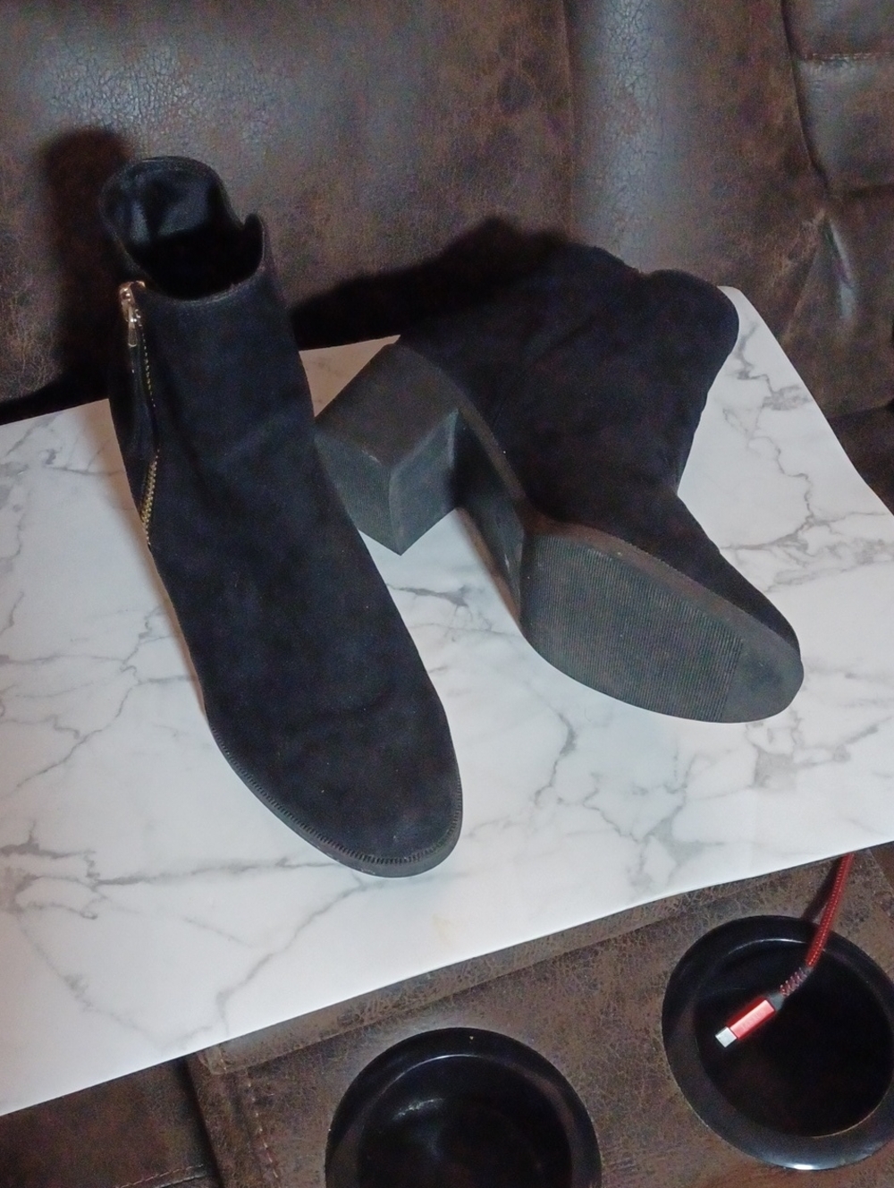 4/$80 H&M Black Suede-Like Ankle Booties with Block Heel and Side Zipper